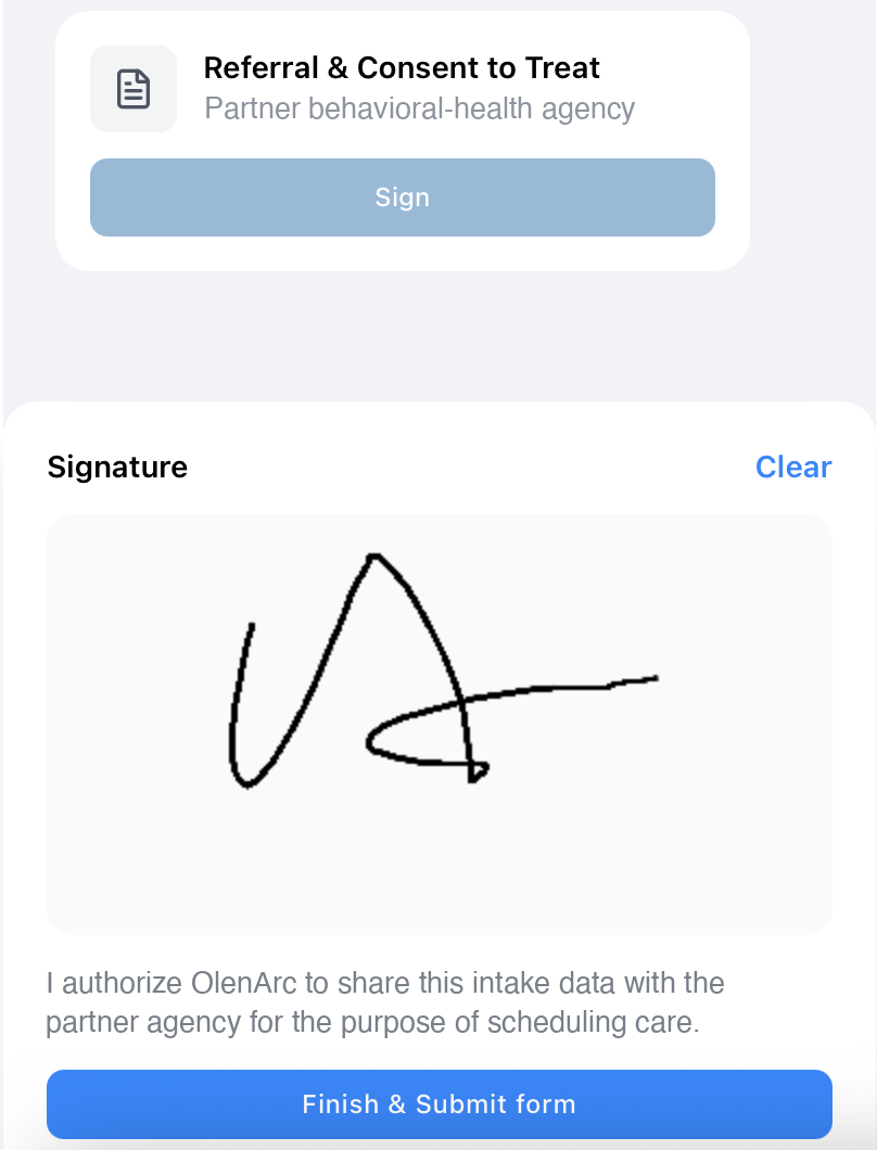 Cross-agency intake demonstration — a pre-filled partner-agency referral form with signature capture and an explicit data-sharing consent step (fictional data).