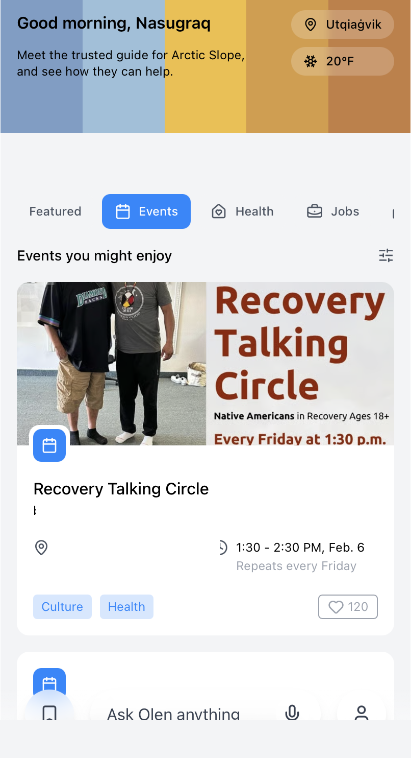Olen Hub mobile home screen with a personalized greeting and community events feed